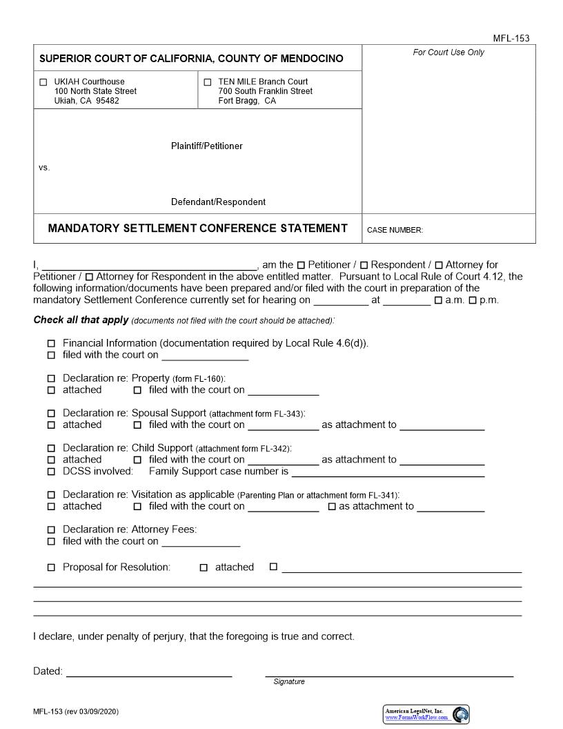 Mandatory Settlement Conference Statement (Family Law) {MFL-153} | Pdf Fpdf Docx | California