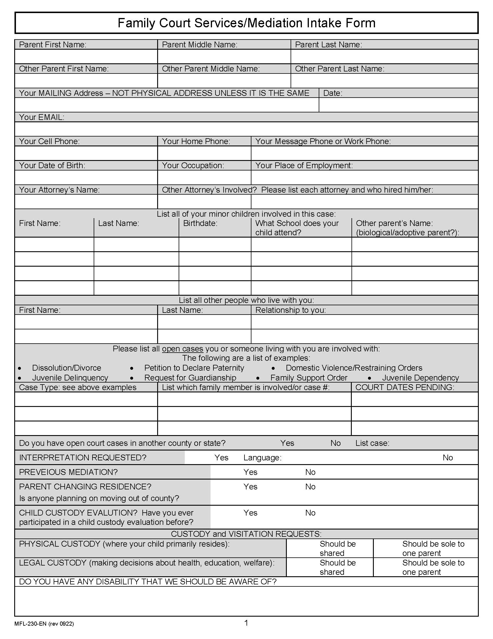 Mediation Intake Form-English {MFL-230-EN} | Pdf Fpdf Docx | California