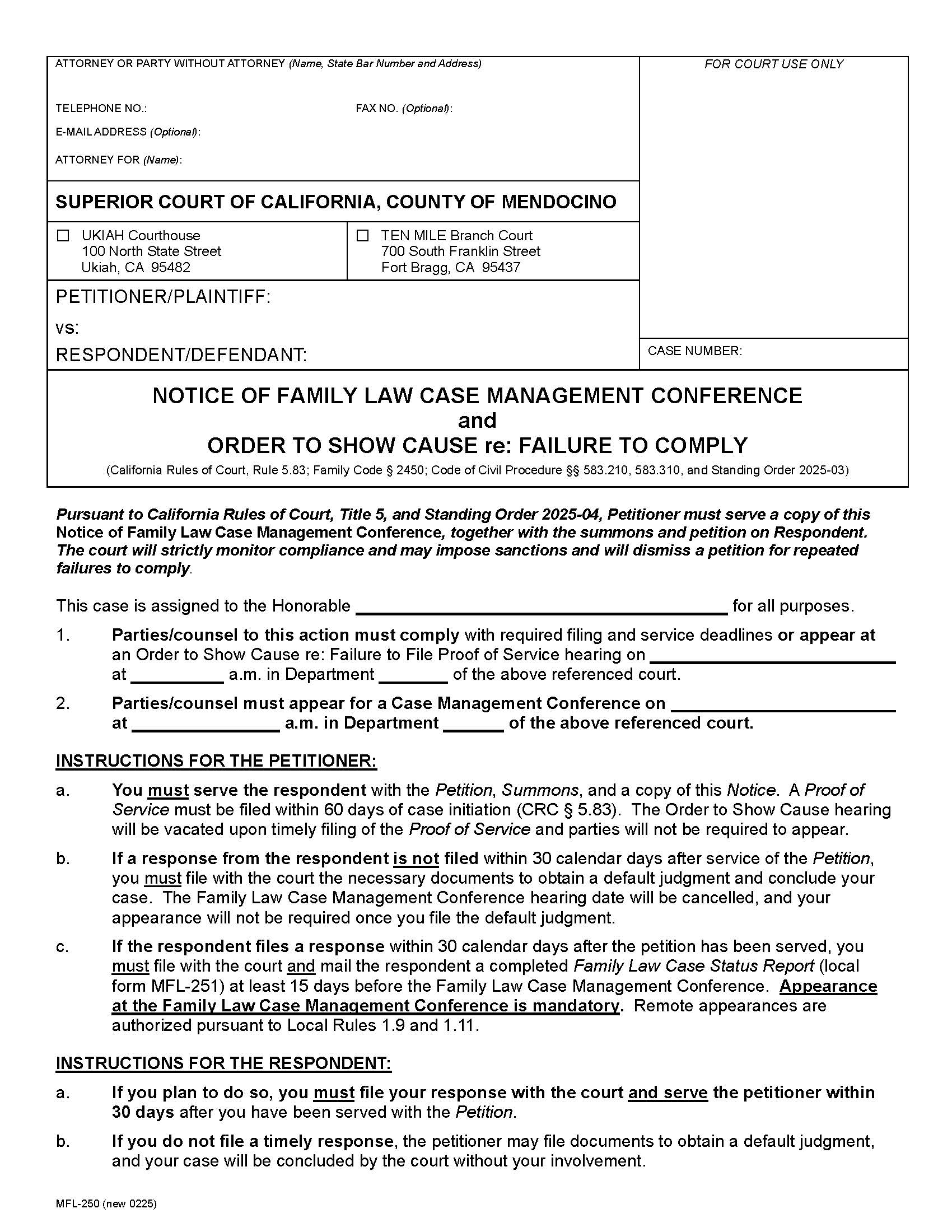 Notice Of Family Law Case Management Conferenc {MFL-250} | Pdf Fpdf Docx | California