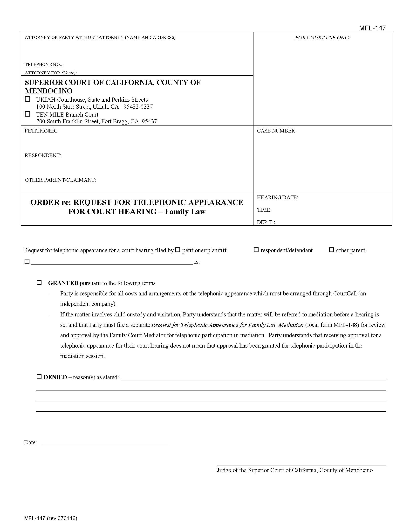 Order Re Request For Telephone Appearance For Evidentiary Hearing {MFL-147} | Pdf Fpdf Docx | California