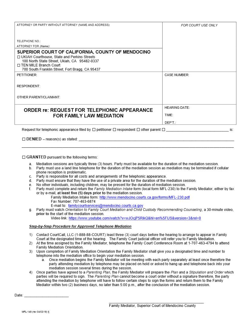 Order Re Request For Telephonic Appearance For Family Law Mediation {MFL-149} | Pdf Fpdf Docx | California