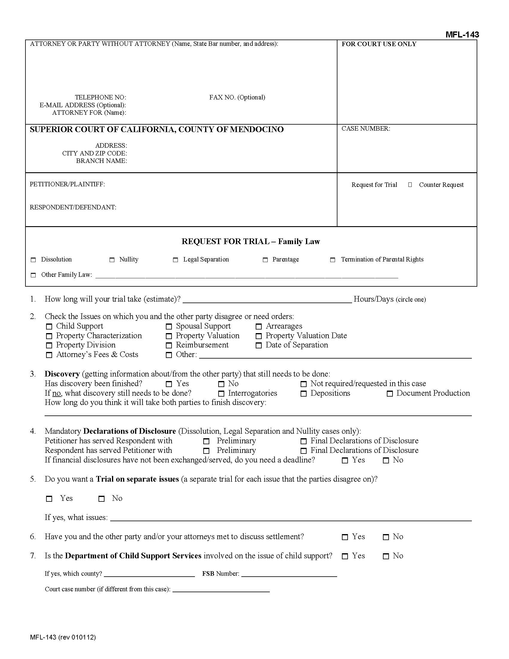 Request For Trial (Family Law) {MFL-143} | Pdf Fpdf Docx | California