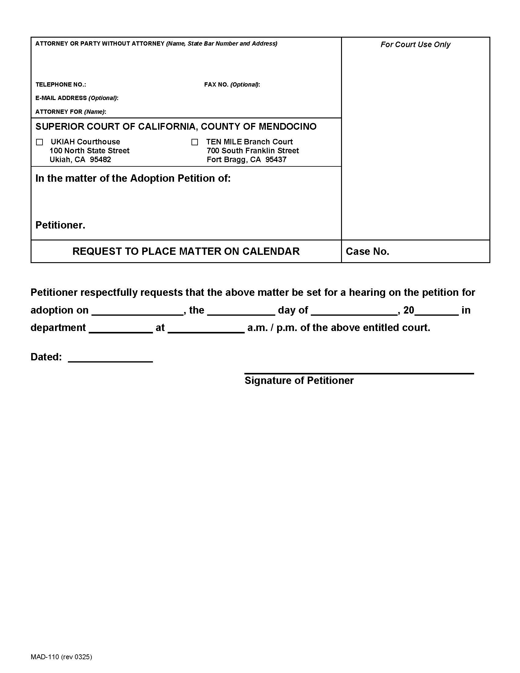 Request To Calendar Adoption Matter {MAD-110} | Pdf Fpdf Docx | California