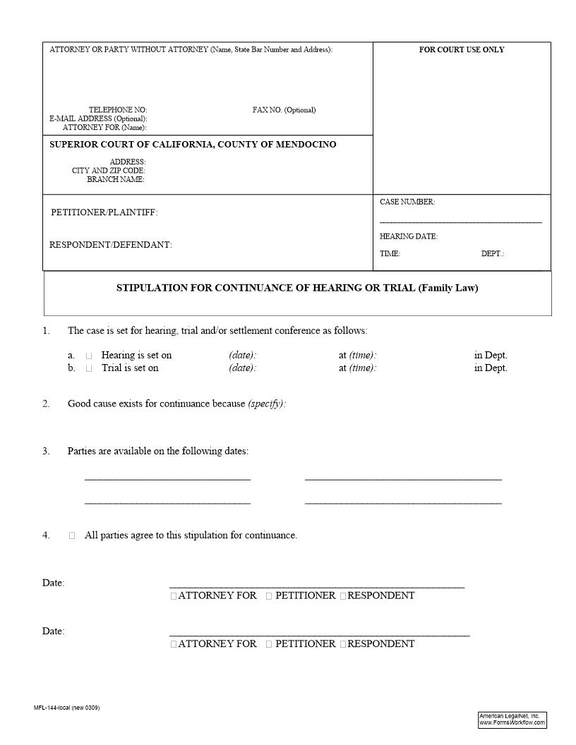 Stipulation For Continuance Of Hearing Or Trial (Family Law) {MFL-144} | Pdf Fpdf Docx | California
