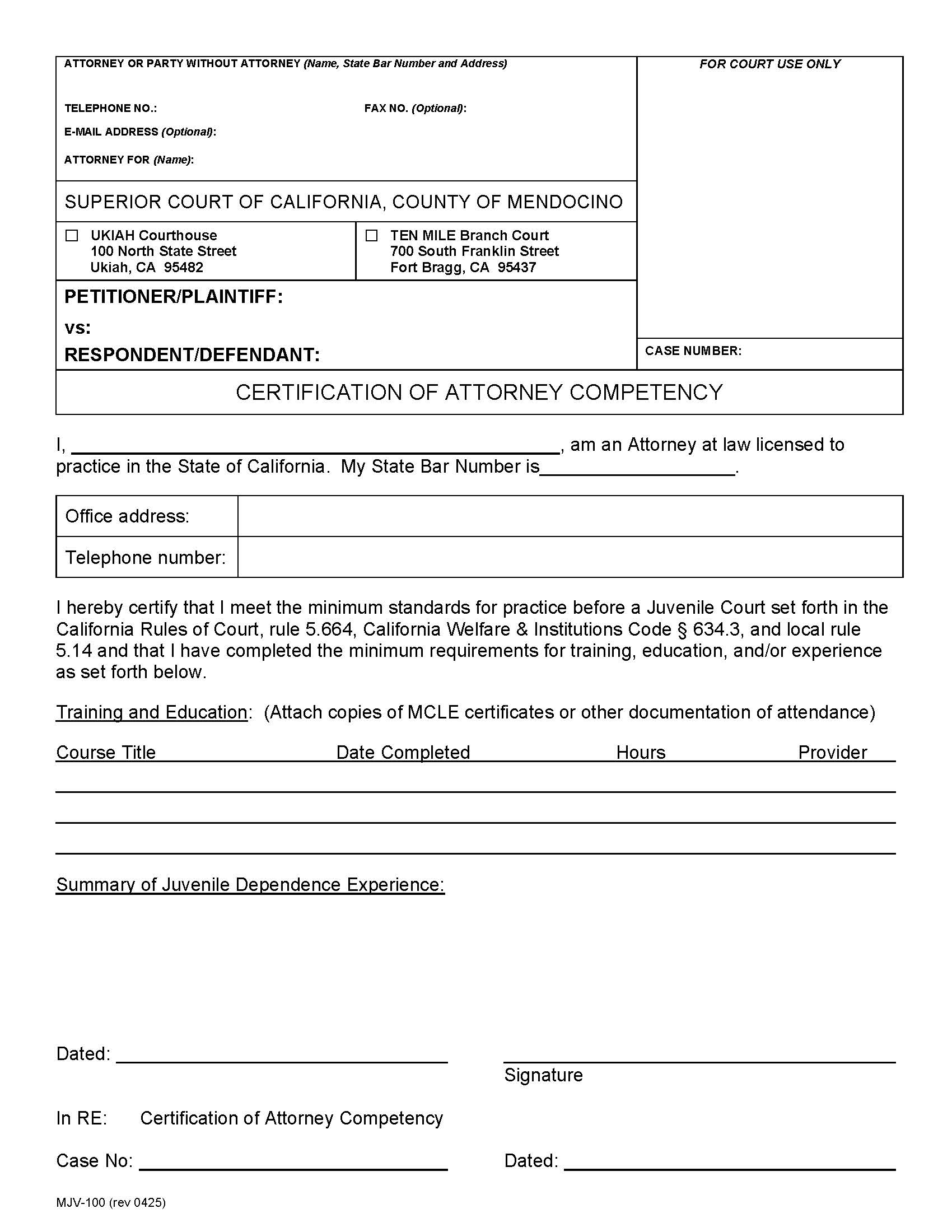 Certification Of Attorney Competency (Juvenile) {MJV-100} | Pdf Fpdf Docx | California