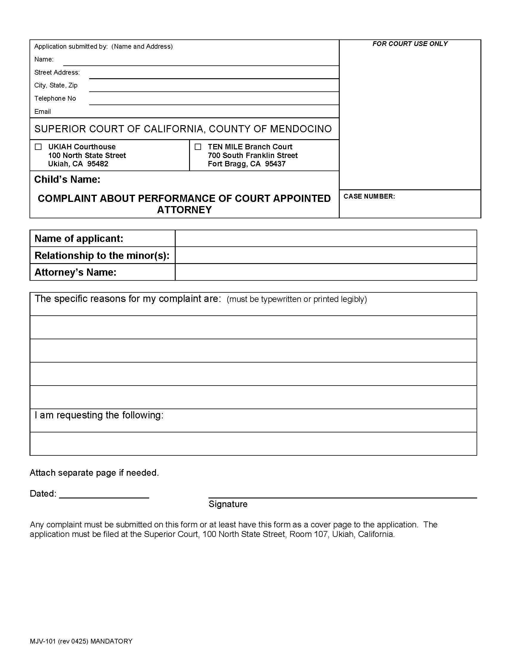 Complaint About Performance Of Court Appointed Attorney {MJV-101} | Pdf Fpdf Docx | California