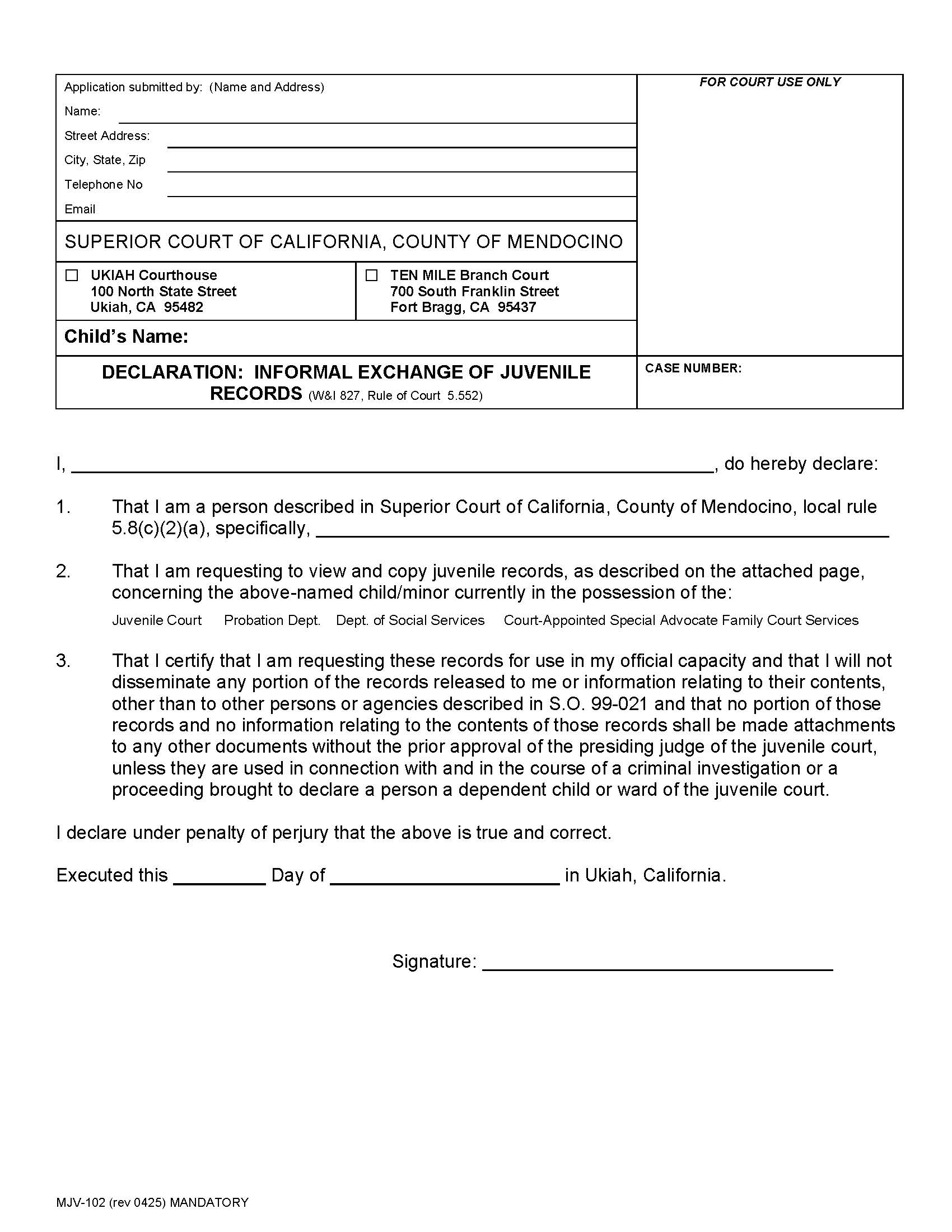 Declaration Informal Exchange Of Juvenile Records (Juvenile) {MJV-102} | Pdf Fpdf Docx | California