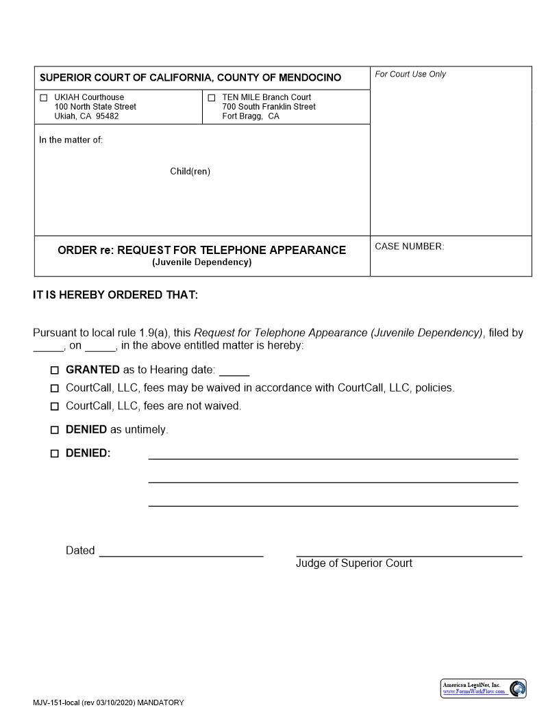 Order Re Request For Telephone Appearance (Juvenile Dependency) {MJV-151} | Pdf Fpdf Docx | California