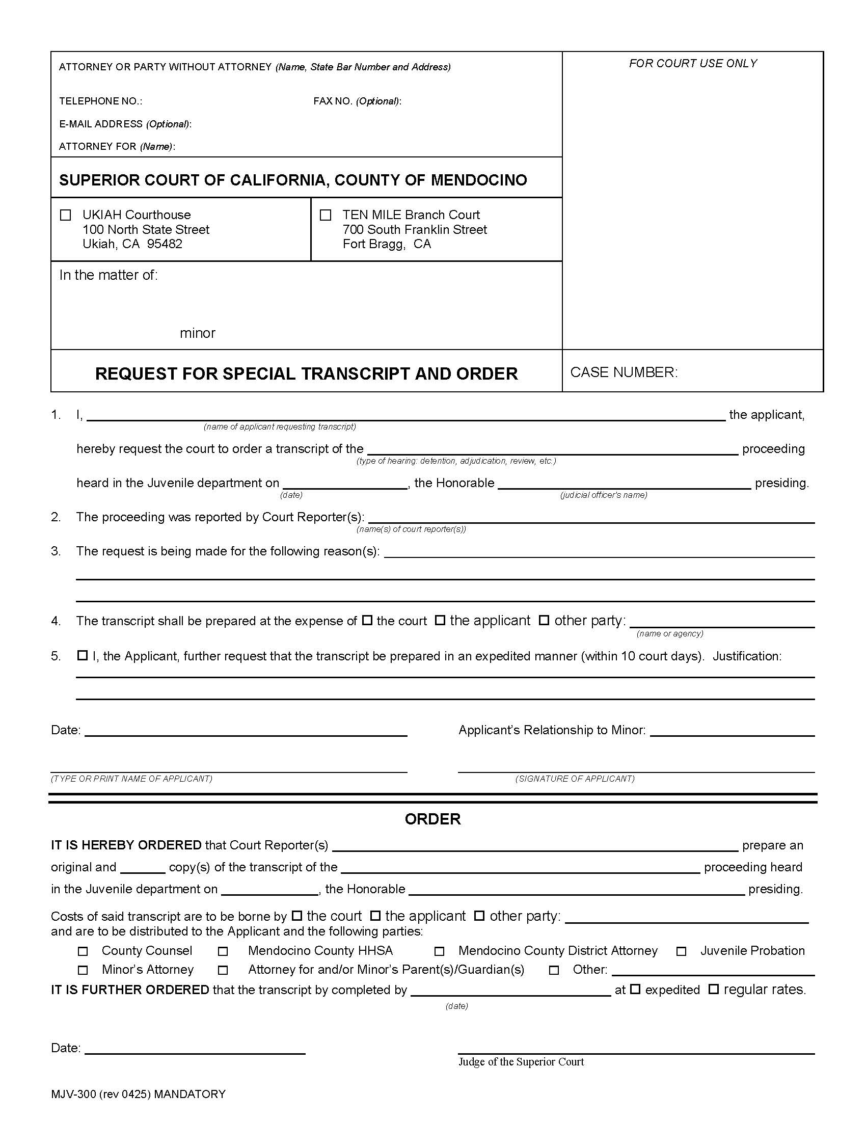 Request For Special Transcript And Order {MJV-300} | Pdf Fpdf Docx | California