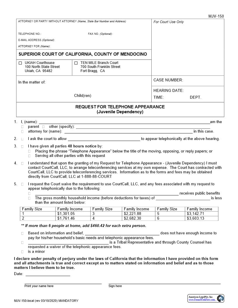 Request For Telephone Appearance (Juvenile Dependency) {MJV-150} | Pdf Fpdf Docx | California