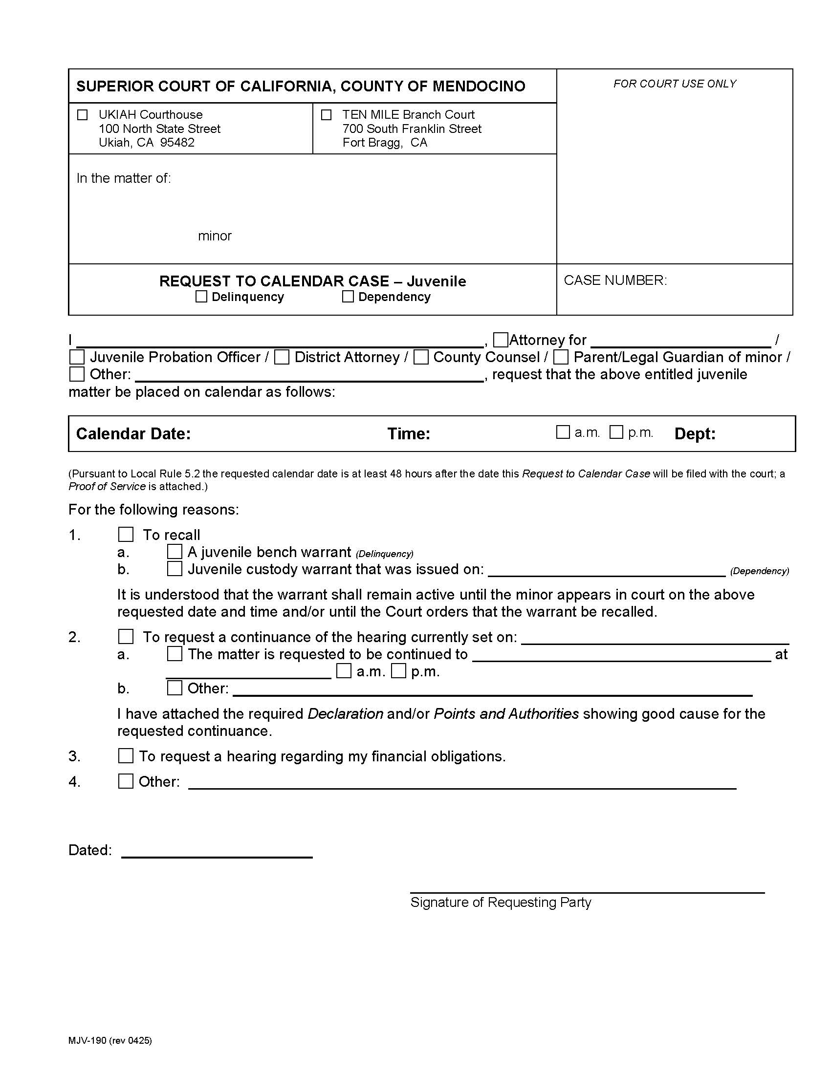 Request To Calendar Case-Juvenile {MJV-190} | Pdf Fpdf Docx | California