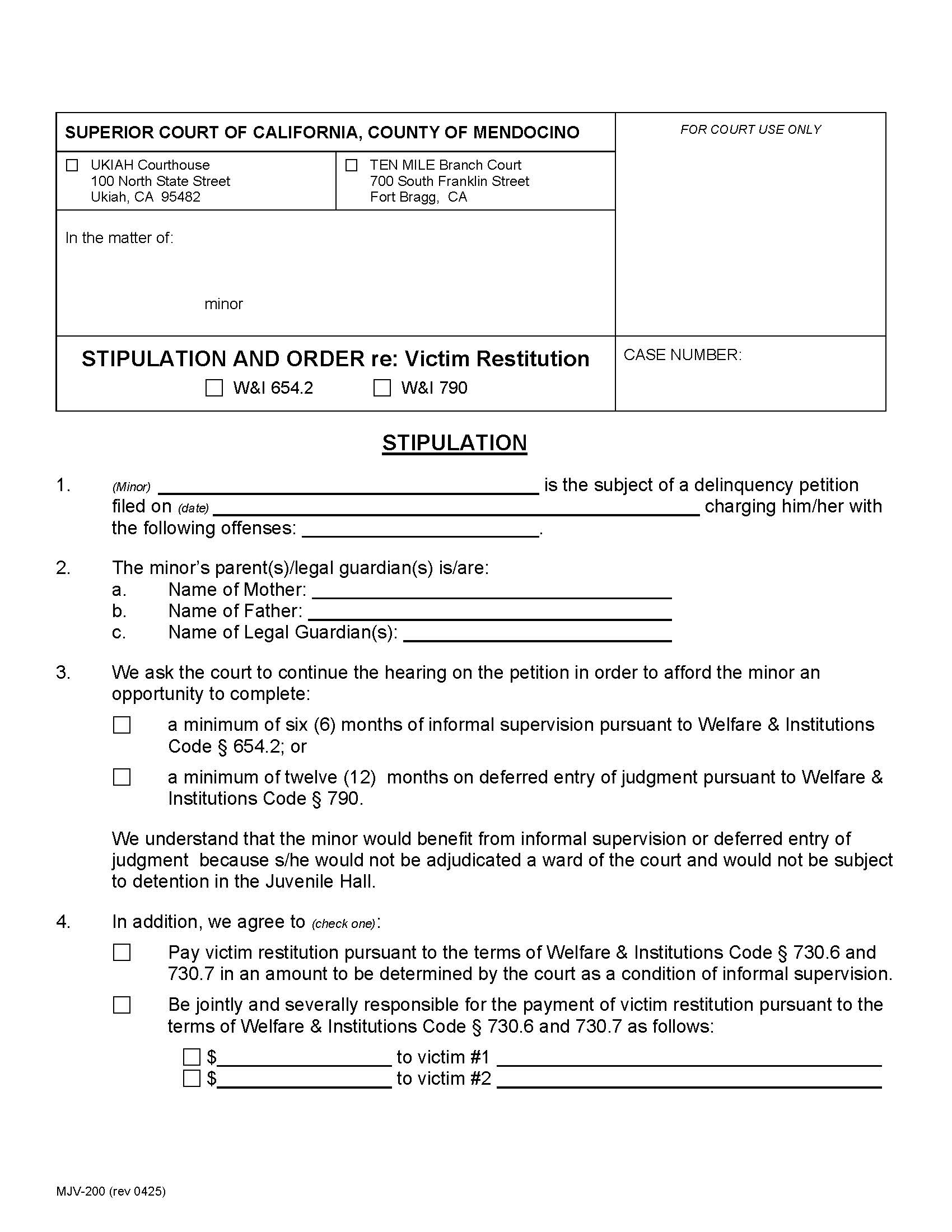 Stipulation And Order Re Victim Restitution {MJV-200} | Pdf Fpdf Docx | California