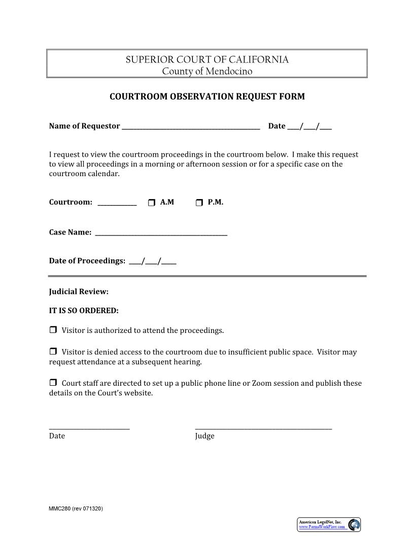 Courtroom Observation Request {MMC-280} | Pdf Fpdf Docx | California
