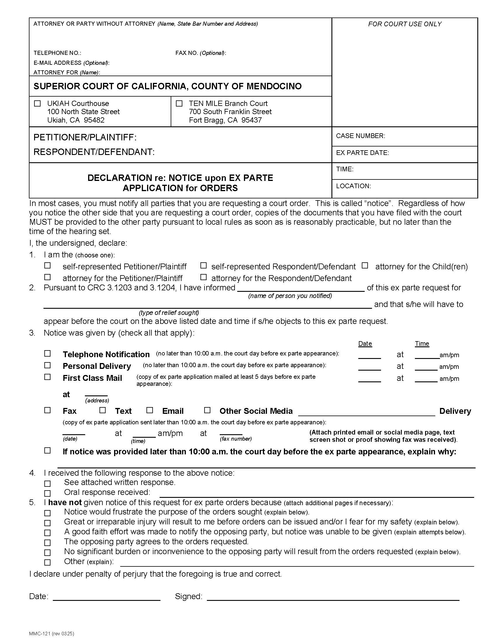 Declaration Re Notice Upon Ex Parte Application For Orders {MMC-121} | Pdf Fpdf Docx | California