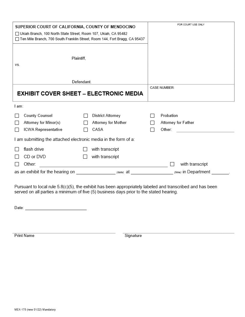 Electronic Media Exhibit Cover Sheet {MEX-175} | Pdf Fpdf Docx | California