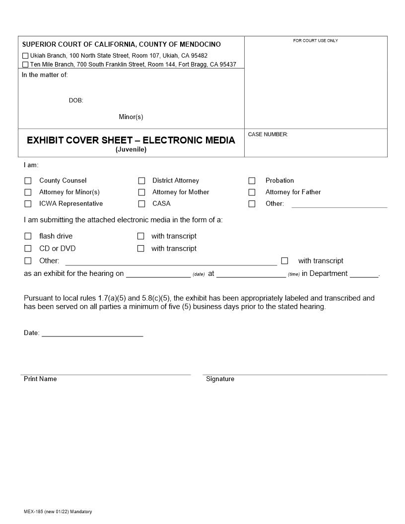 Electronic Media Exhibit Cover Sheet-Juvenile {MEX-185} | Pdf Fpdf Docx | California