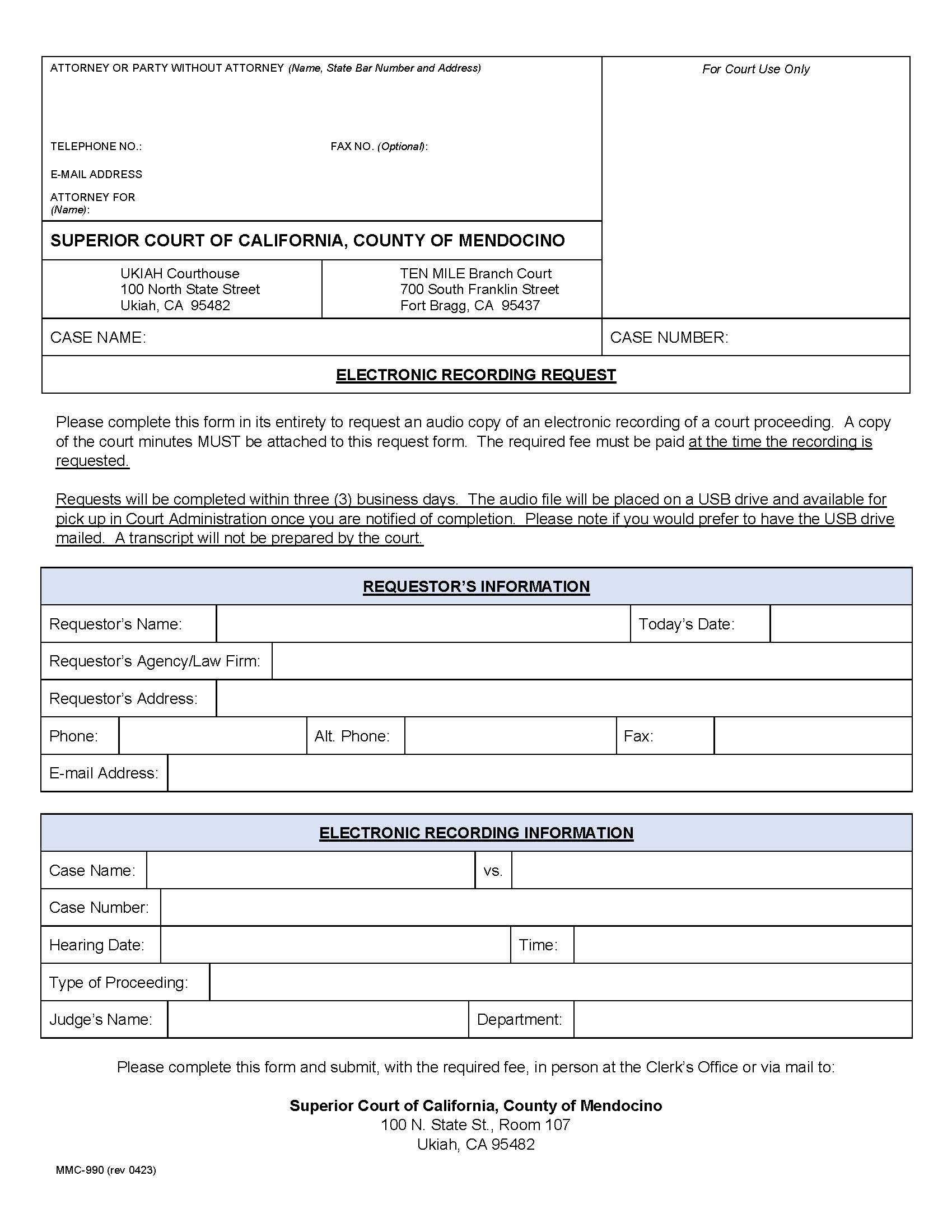 Electronic Recording Request {MMC-990} | Pdf Fpdf Docx | California