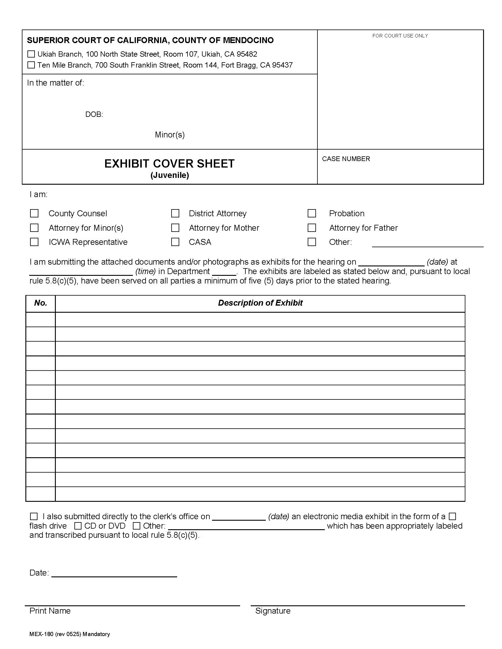 Exhibit Cover Sheet-Juvenile {MEX-180} | Pdf Fpdf Docx | California