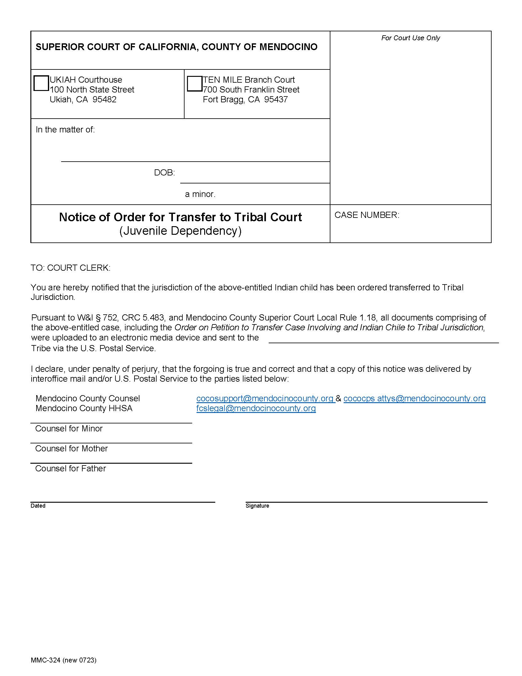 Notice Transfer Out 300 Tribal Court (USB Drive) {MMC-324} | Pdf Fpdf Docx | California