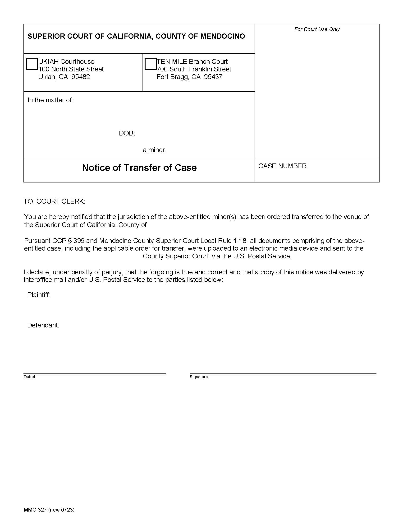 Notice Transfer Out Civil (USB Drive) {MMC-327} | Pdf Fpdf Docx | California