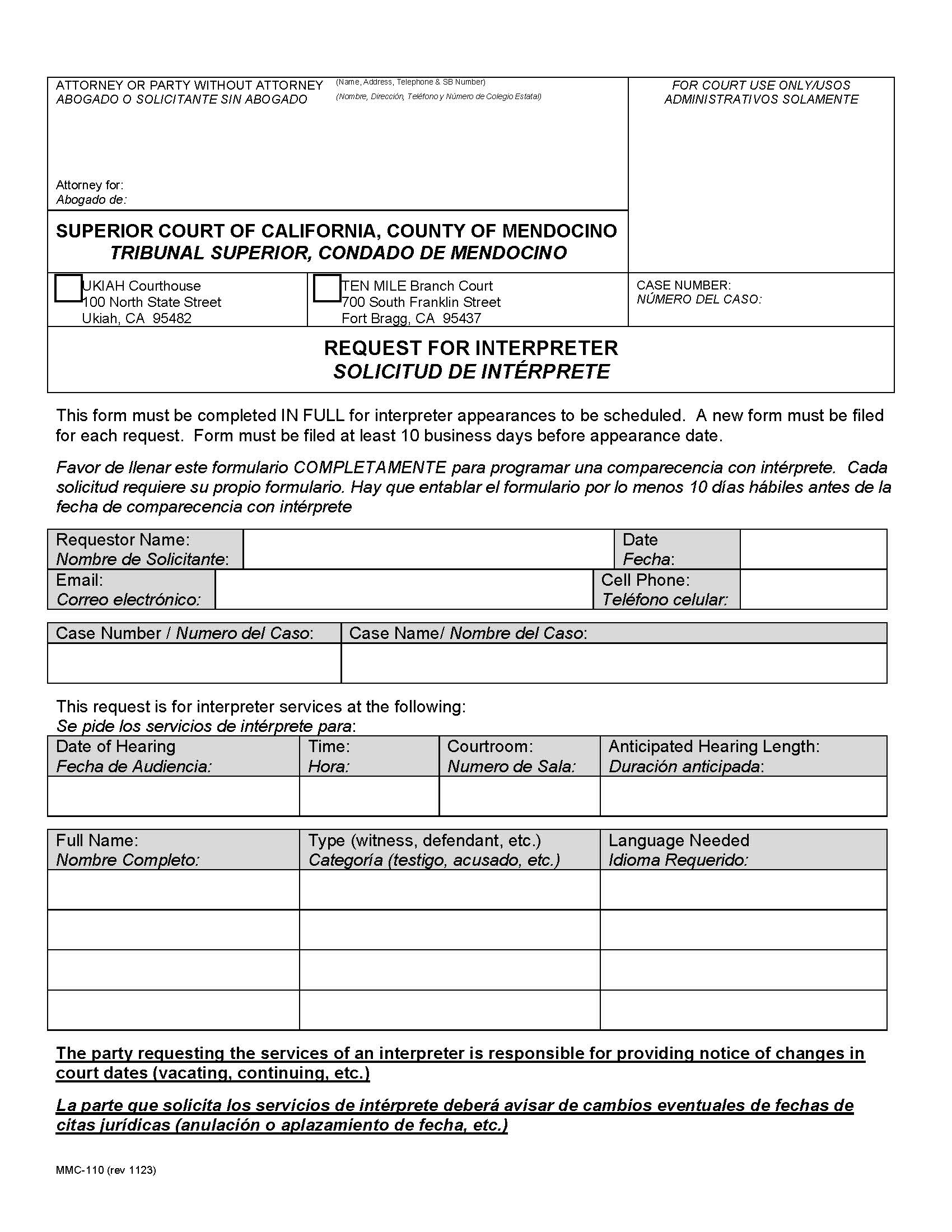 Request For Interpreter {MMC-110} | Pdf Fpdf Docx | California