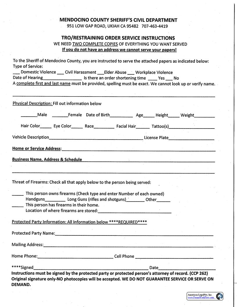 Request For Service By Sheriff For Restraining Orders {MCSO Service} | Pdf Fpdf Docx | California