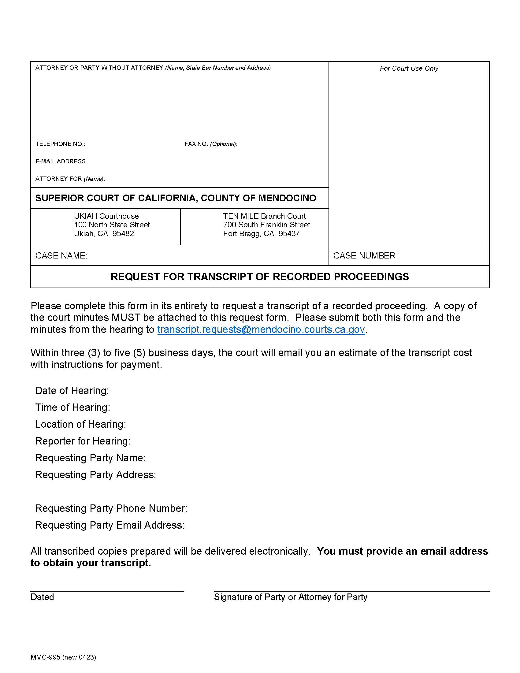 Request For Transcript Of Recorded Proceedings {MMC-995} | Pdf Fpdf Docx | California