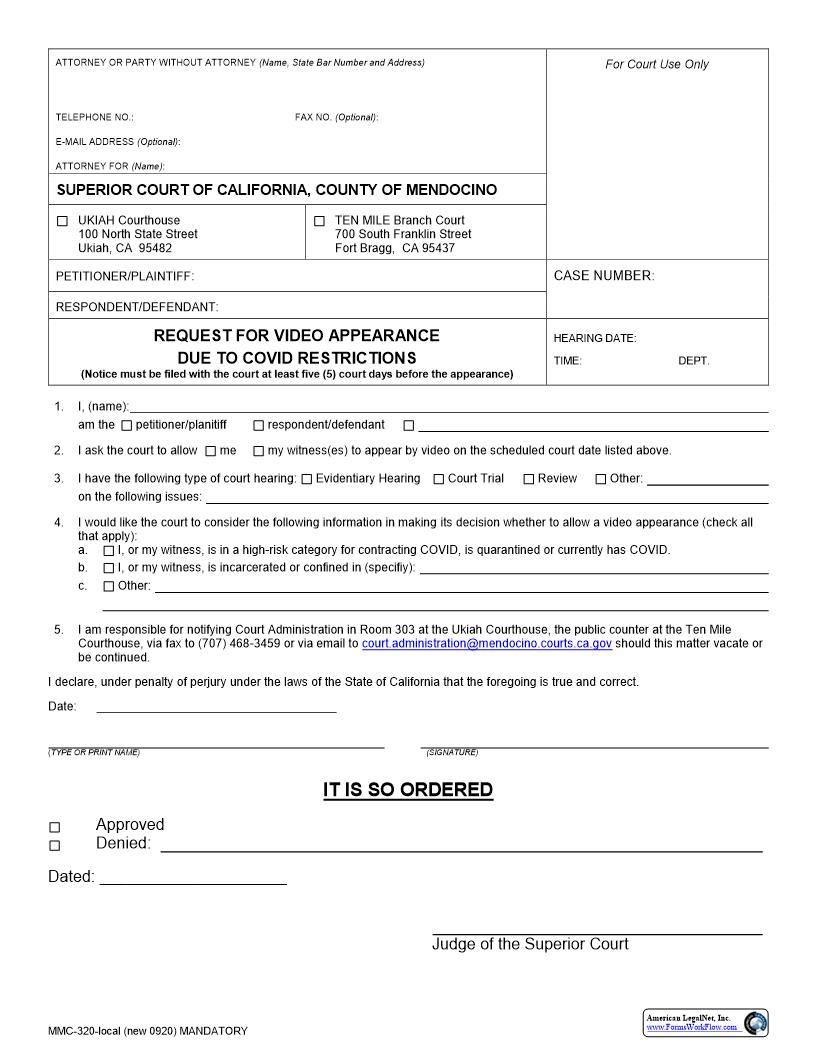 Request For Video Appearance {MMC-320} | Pdf Fpdf Docx | California