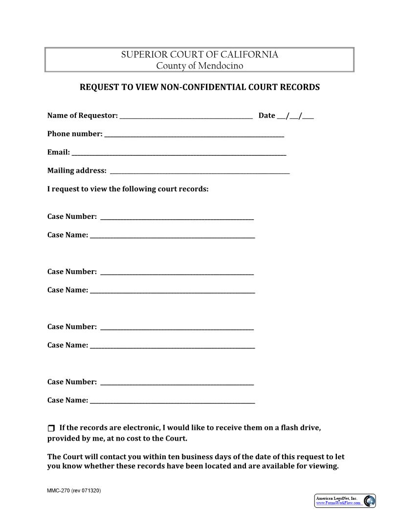 Request To View Non-Confidential Court Records {MMC-270} | Pdf Fpdf Docx | California