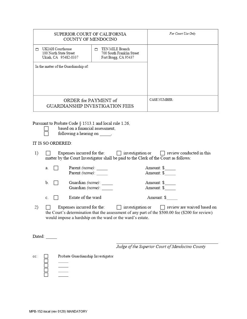 Order For Payment Of Guardianship Investigation Fees {MPB-152} | Pdf Fpdf Docx | California