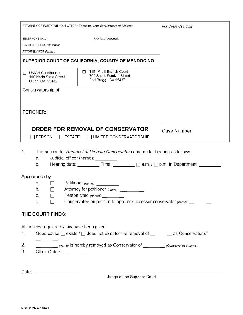 Order For Removal Of Conservator {MPB-181} | Pdf Fpdf Docx | California