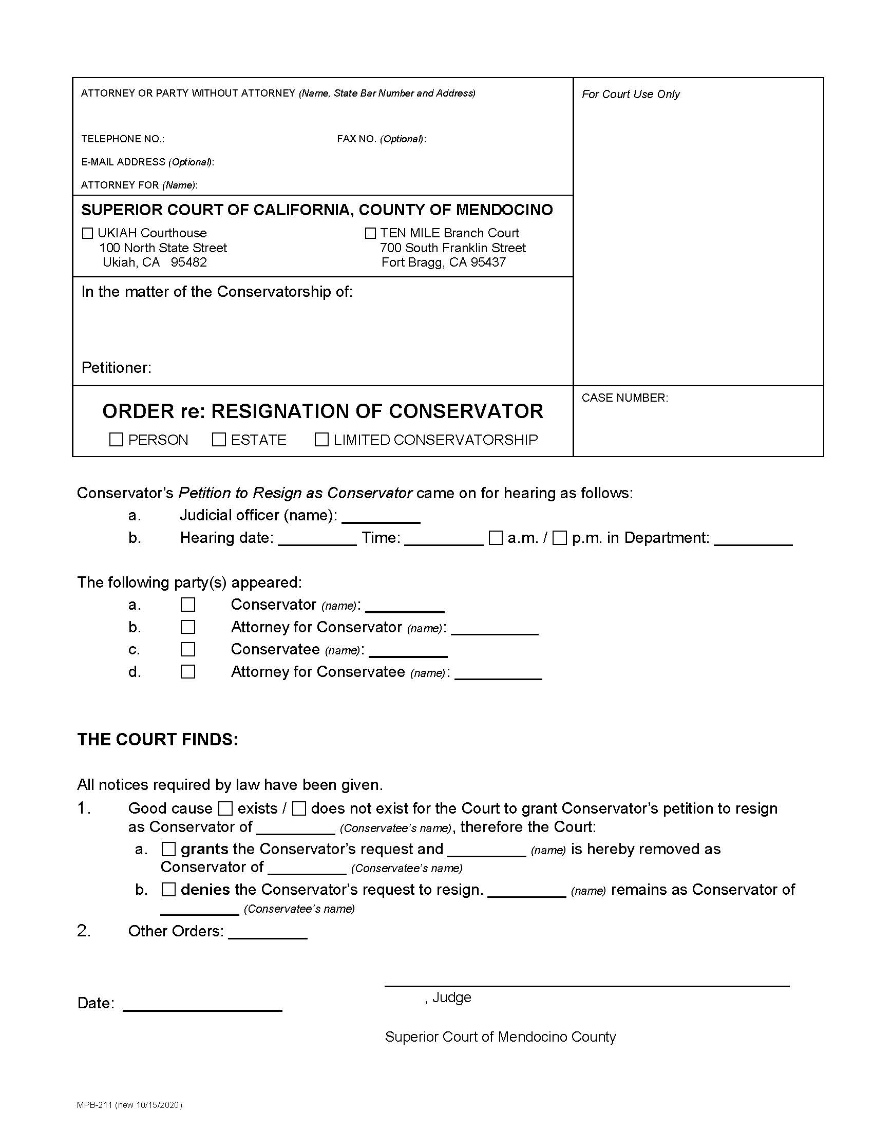 Order Re Resignation Of Conservator {MPB-211} | Pdf Fpdf Docx | California
