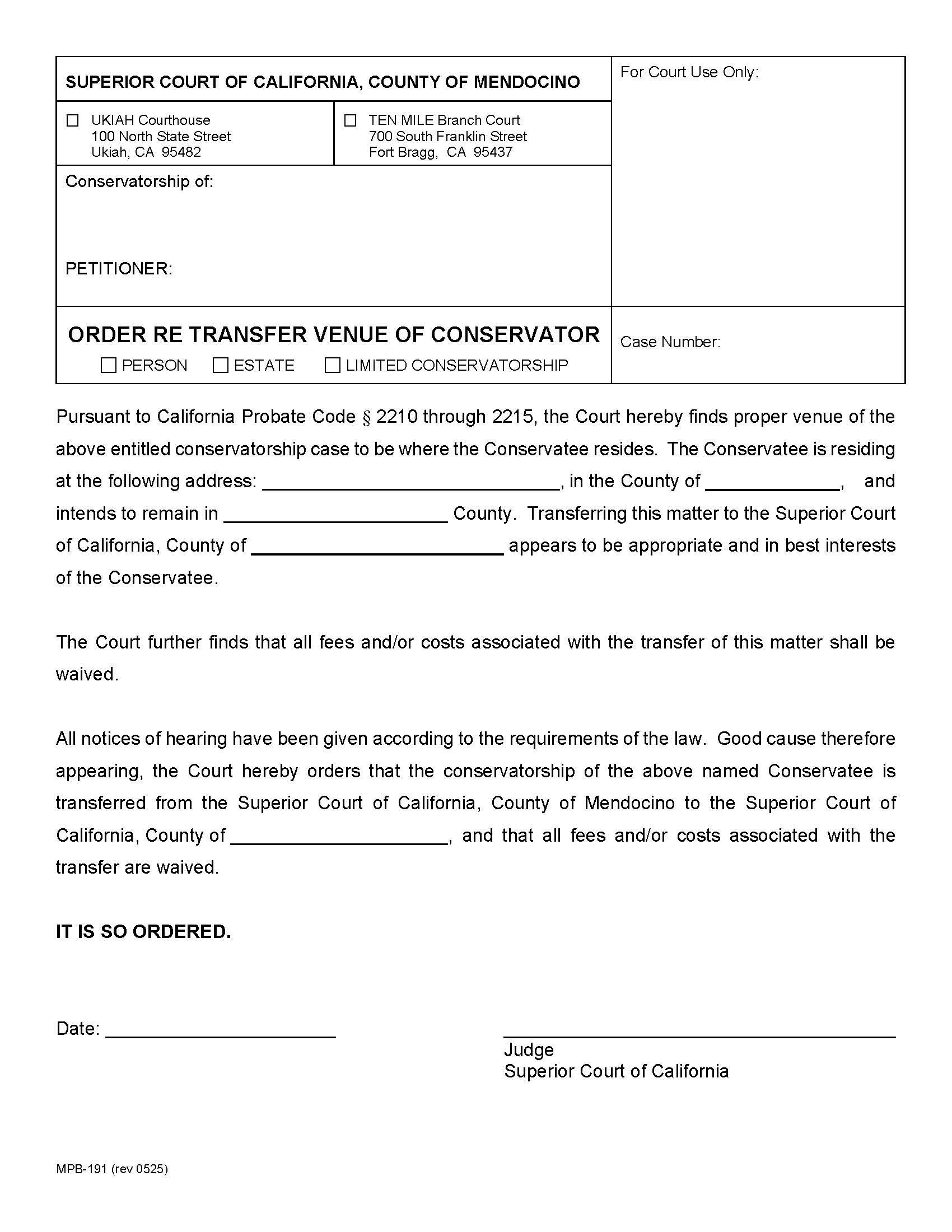 Order Re Transfer Venue of Conservator {MPB-191} | Pdf Fpdf Docx | California