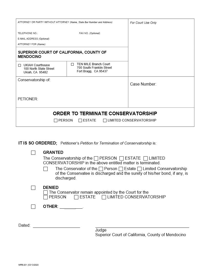 Order To Terminate Conservatorship {MPB-201} | Pdf Fpdf Docx | California
