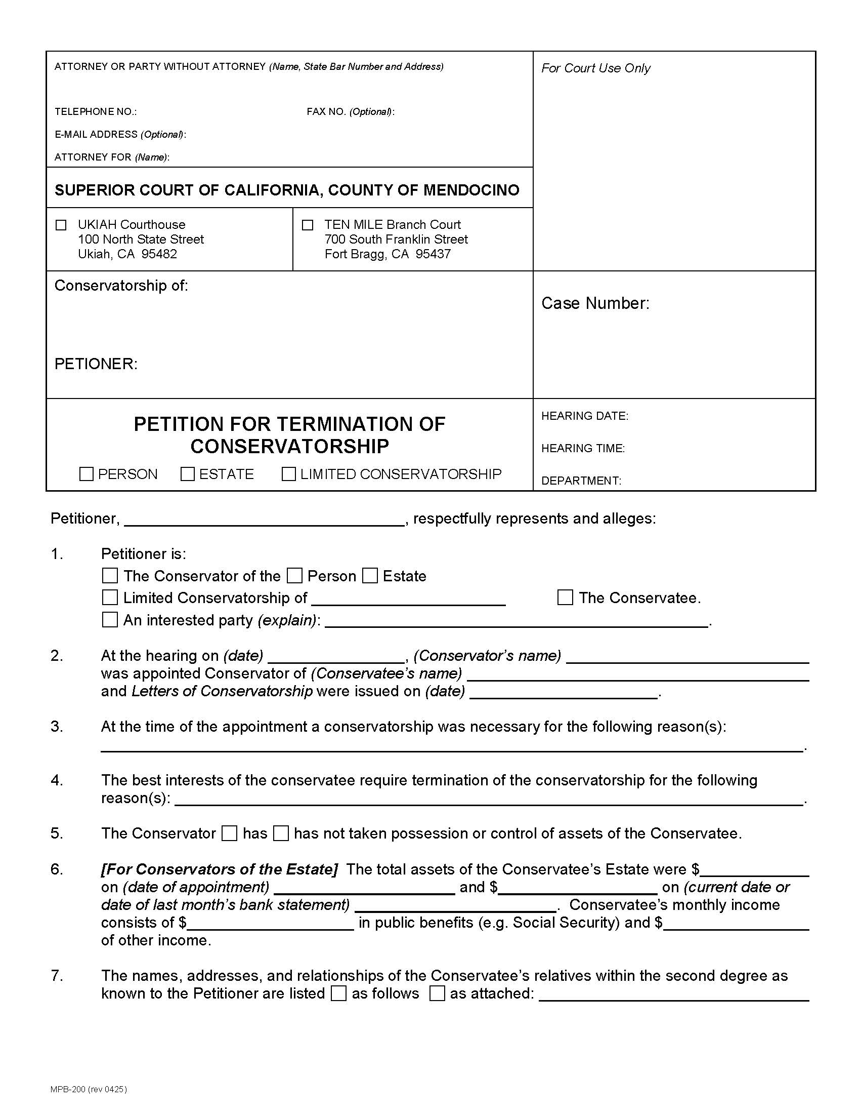 Petition For Termination Of Conservatorship {MPB-200} | Pdf Fpdf Docx | California