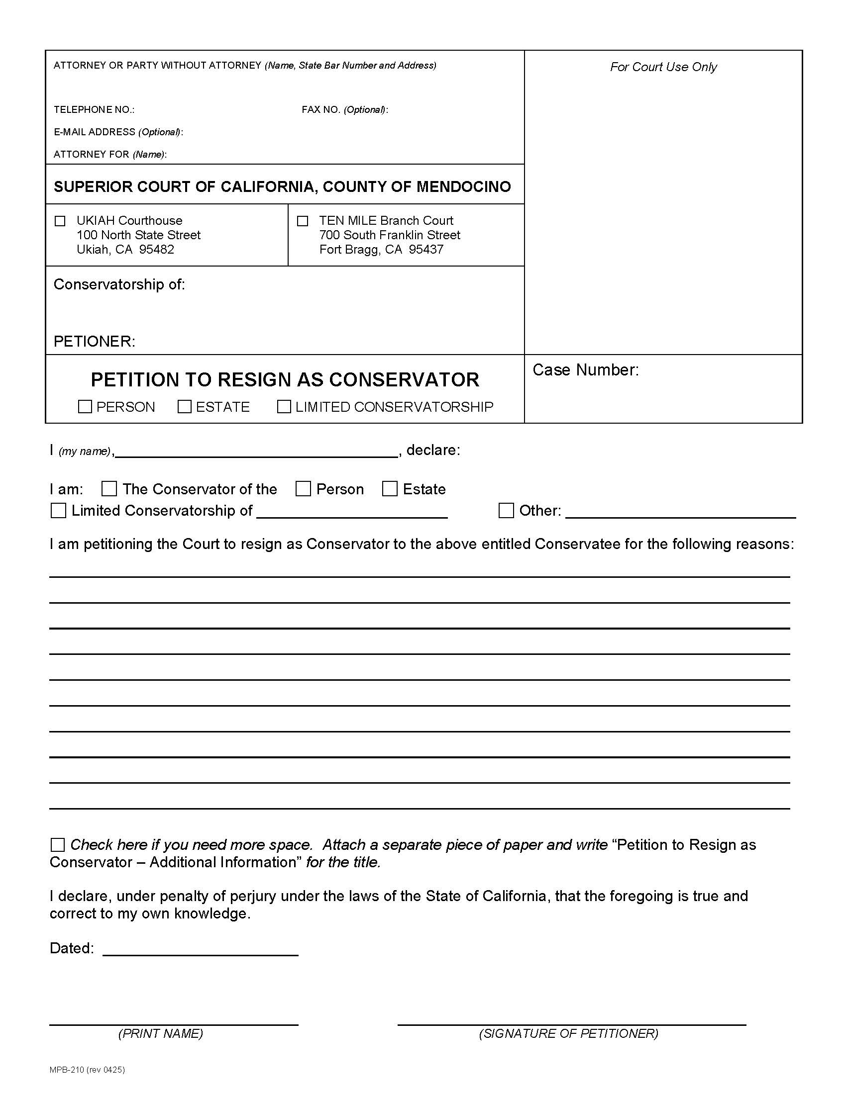 Petition To Resign As Conservator {MPB-210} | Pdf Fpdf Docx | California
