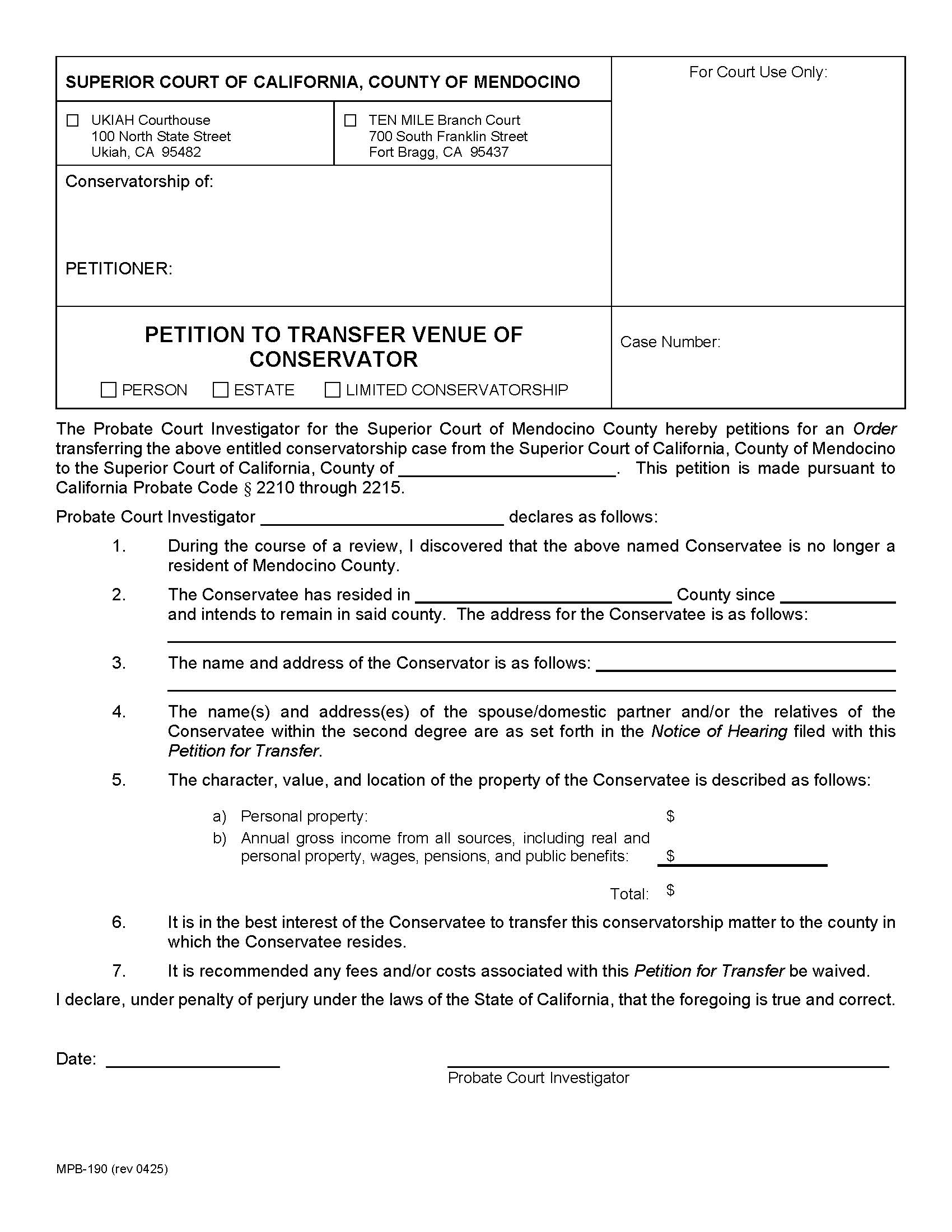 Petition To Transfer Venue Of Conservator {MPB-190} | Pdf Fpdf Docx | California