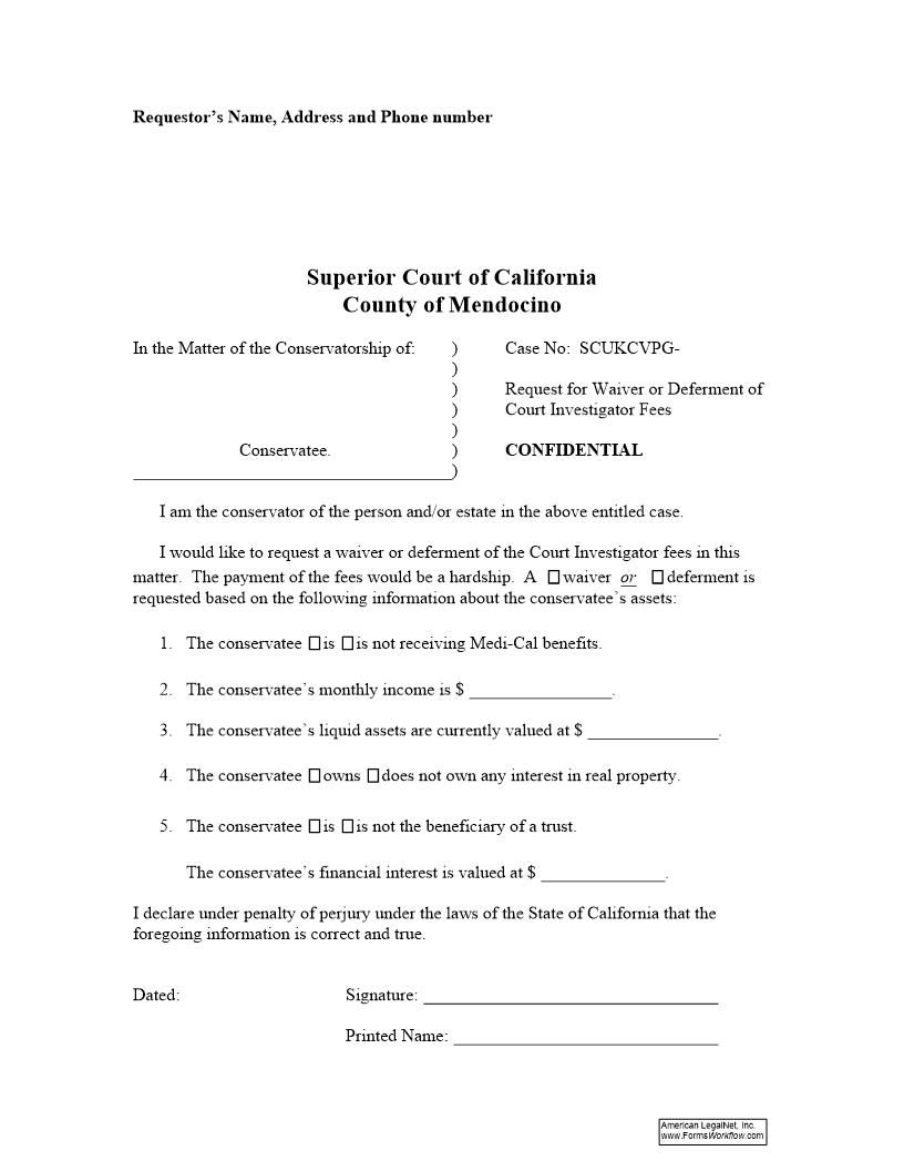 Request For Waiver Or Deferment Of Court Investigator Fees (Probate) {WAIVER} | Pdf Fpdf Docx | California