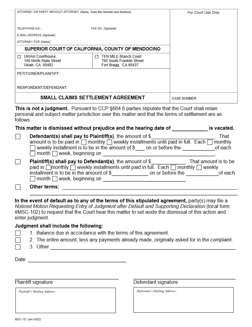 Small Claims Agreement {MSC-101} | Pdf Fpdf Docx | California