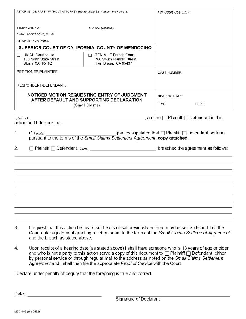 Small Claims Declaration (Noticed Motion Requesting Entry Of Judgment) {MSC-102} | Pdf Fpdf Docx | California