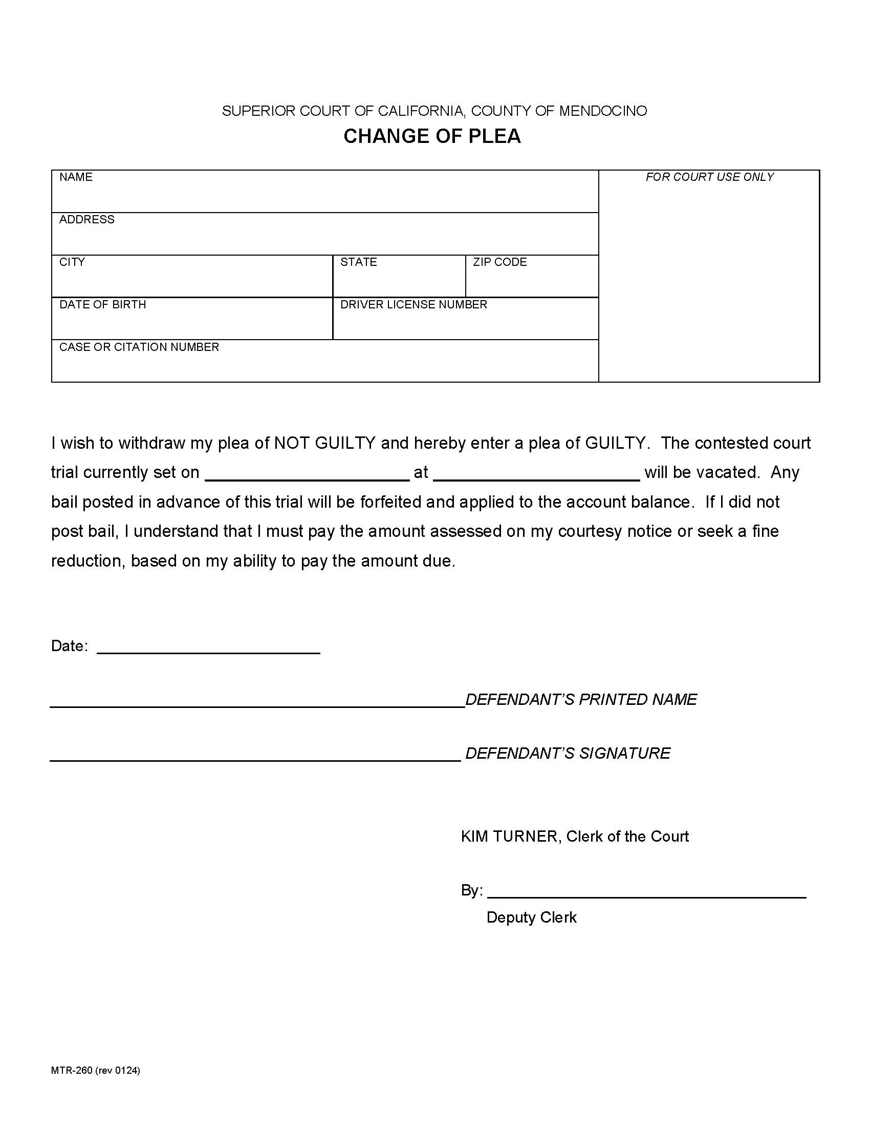 Change Of Plea {MTR-260} | Pdf Fpdf Docx | California
