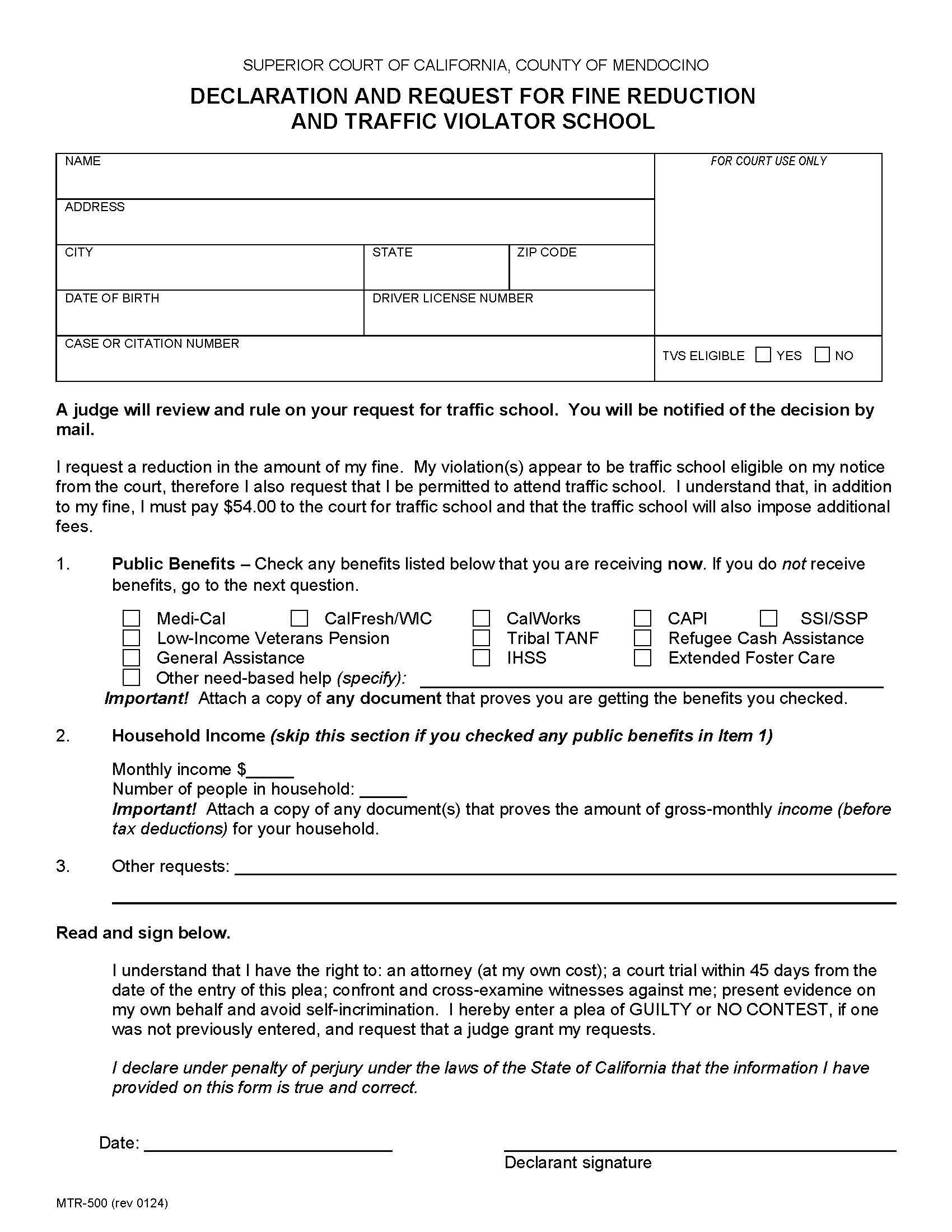 Declaration And Request For Fine Reduction And Traffic Violator School {MTR-500} | Pdf Fpdf Docx | California