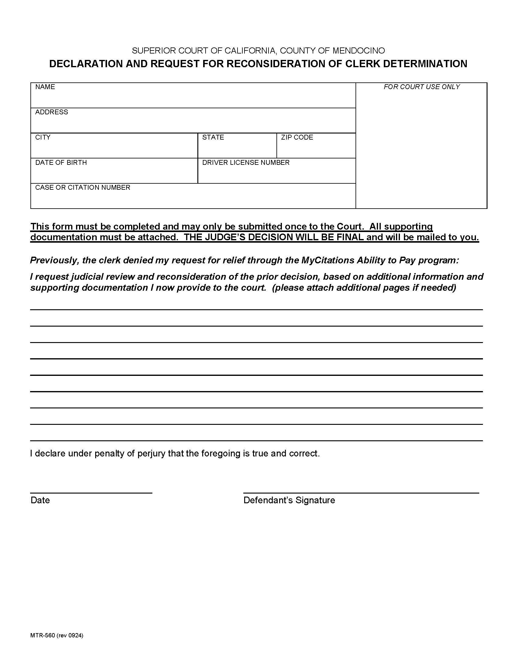 Declaration And Request For Reconsideration Of Clerk Determination {MTR-560} | Pdf Fpdf Docx | California