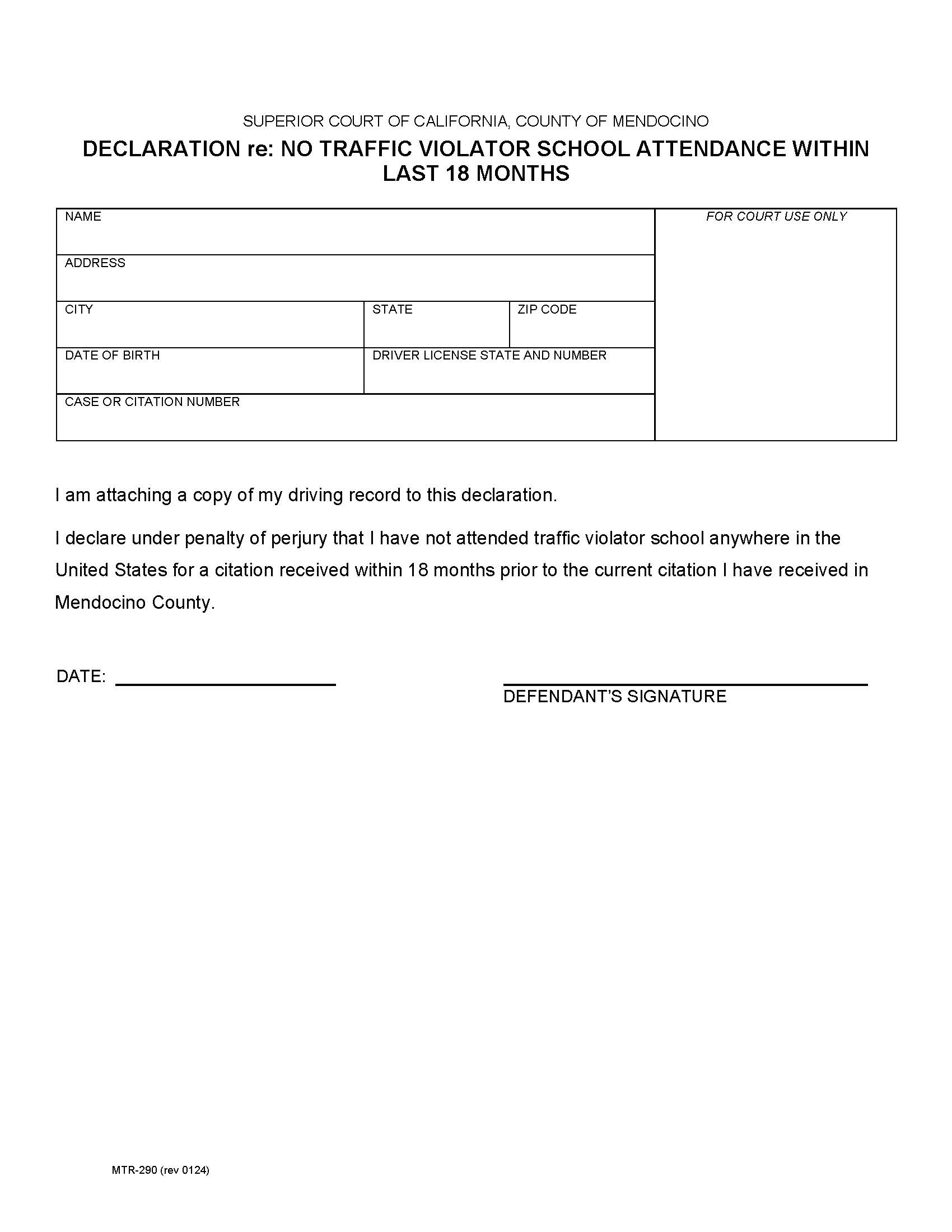 Declaration Re No Traffic School Attendance Within Last 18 Months {MTR-290} | Pdf Fpdf Docx | California