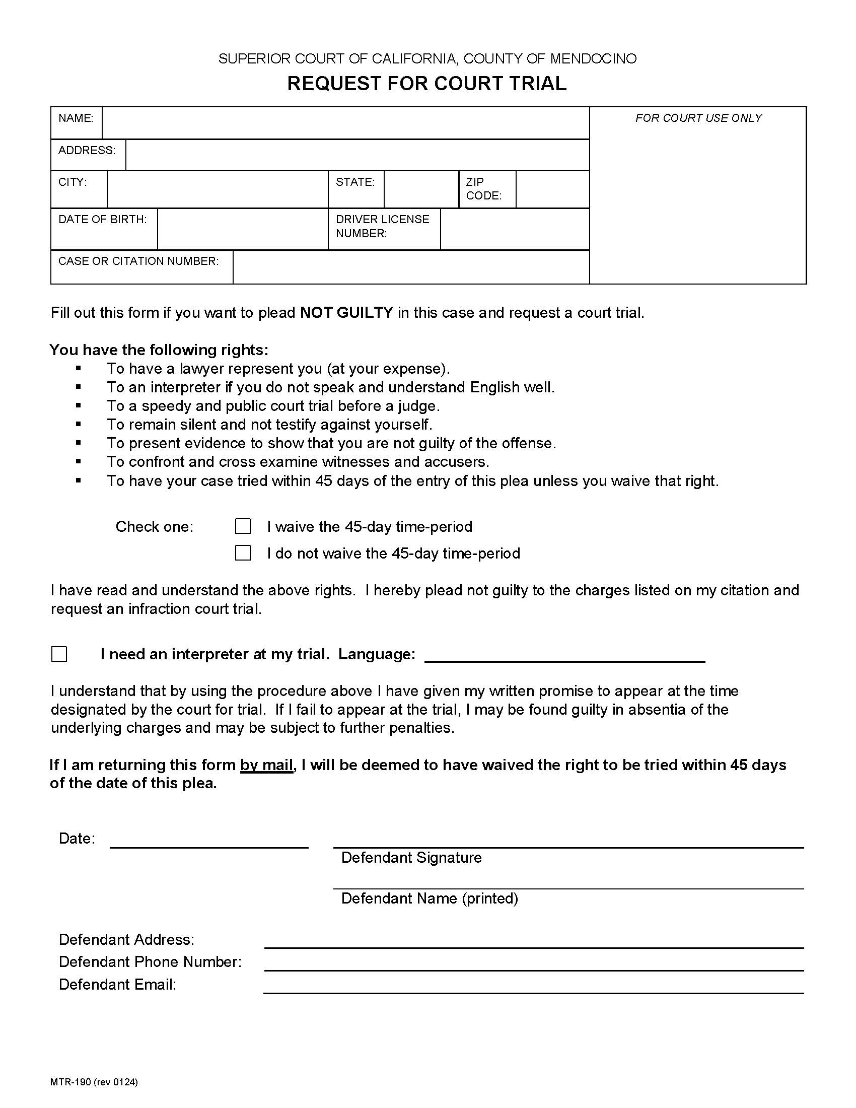Request For Court Trial (Advisement Of Rights And Plea Of Not Guilty) {MTR-190} | Pdf Fpdf Docx | California