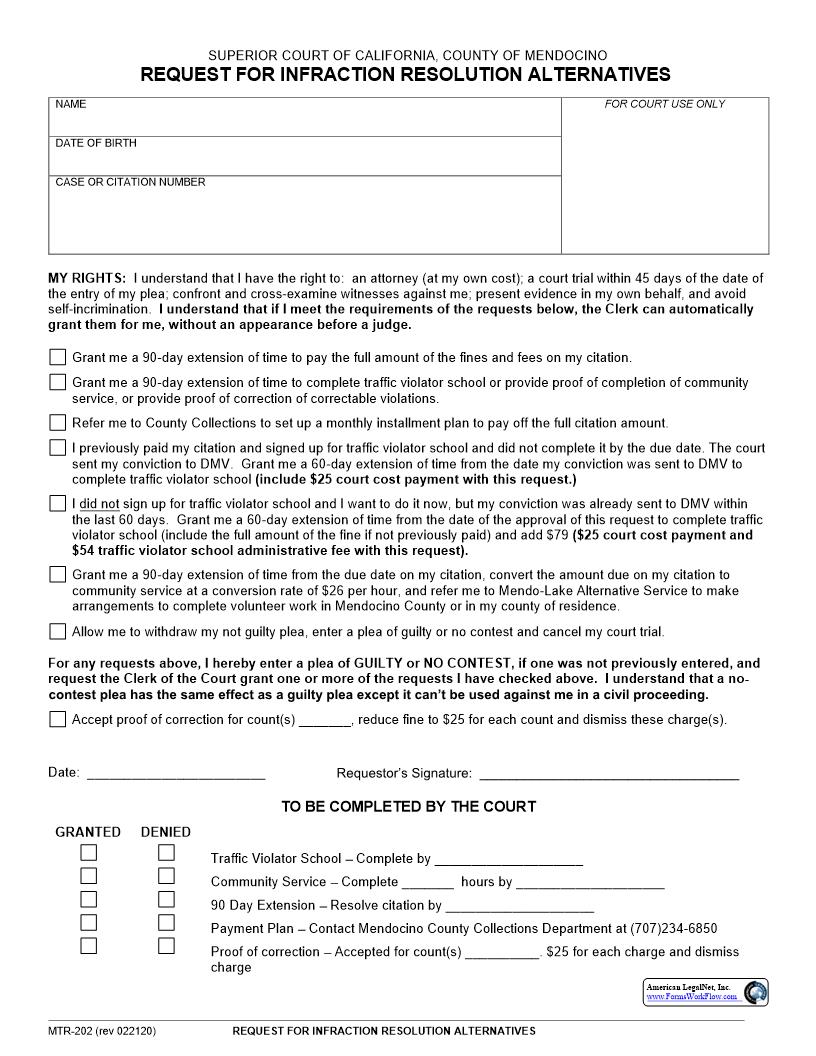 Request For Infraction Resolution Alternatives {MTR-202} | Pdf Fpdf Docx | California
