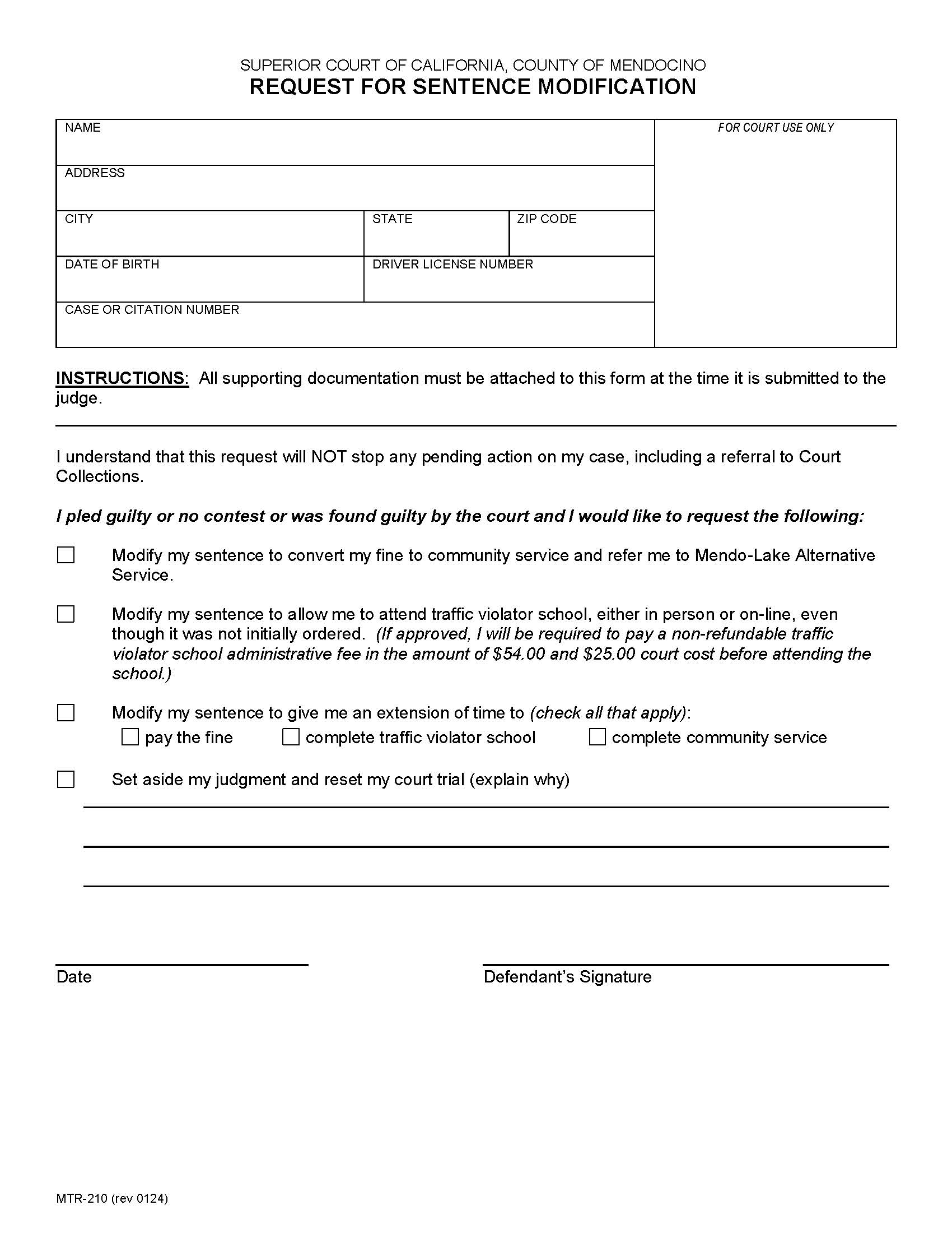 Request For Sentence Modification {MTR-210} | Pdf Fpdf Docx | California