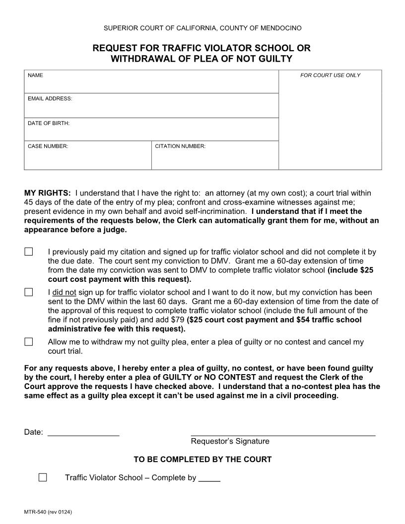 Request For Traffic School Or Withdrawal Of Plea Of Not Guilty {MTR-540} | Pdf Fpdf Docx | California