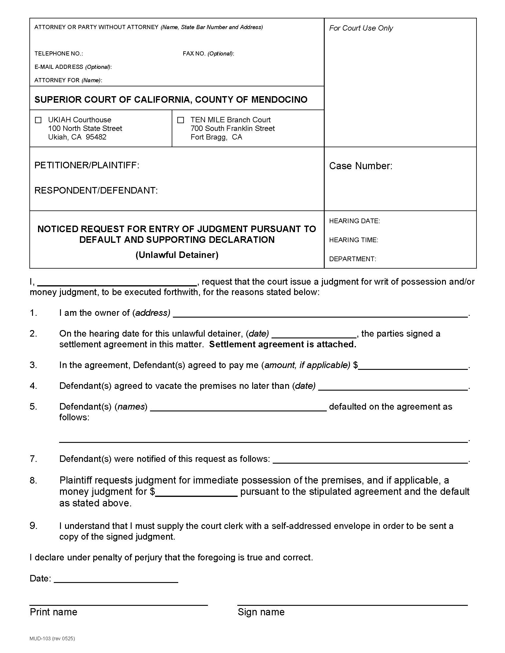 Noticed Request For Entry Of Judgment Pursuant To Default {MUD-103} | Pdf Fpdf Docx | California