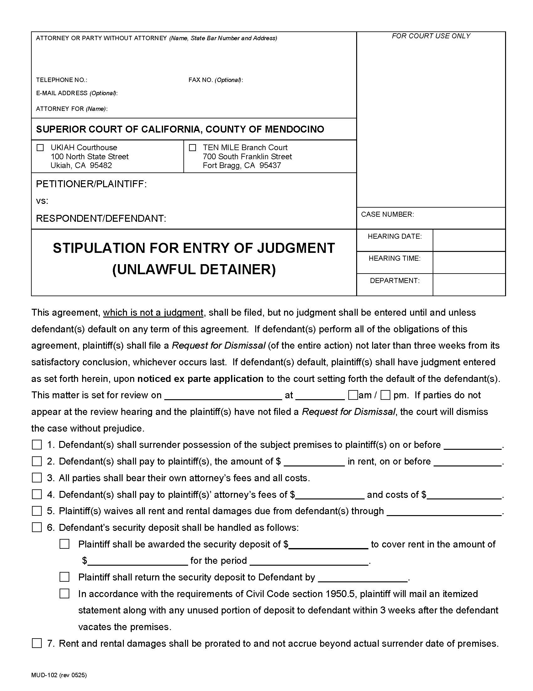 Stipulation For Entry Of Judgment (Unlawful Detainer) {MUD-102} | Pdf Fpdf Docx | California